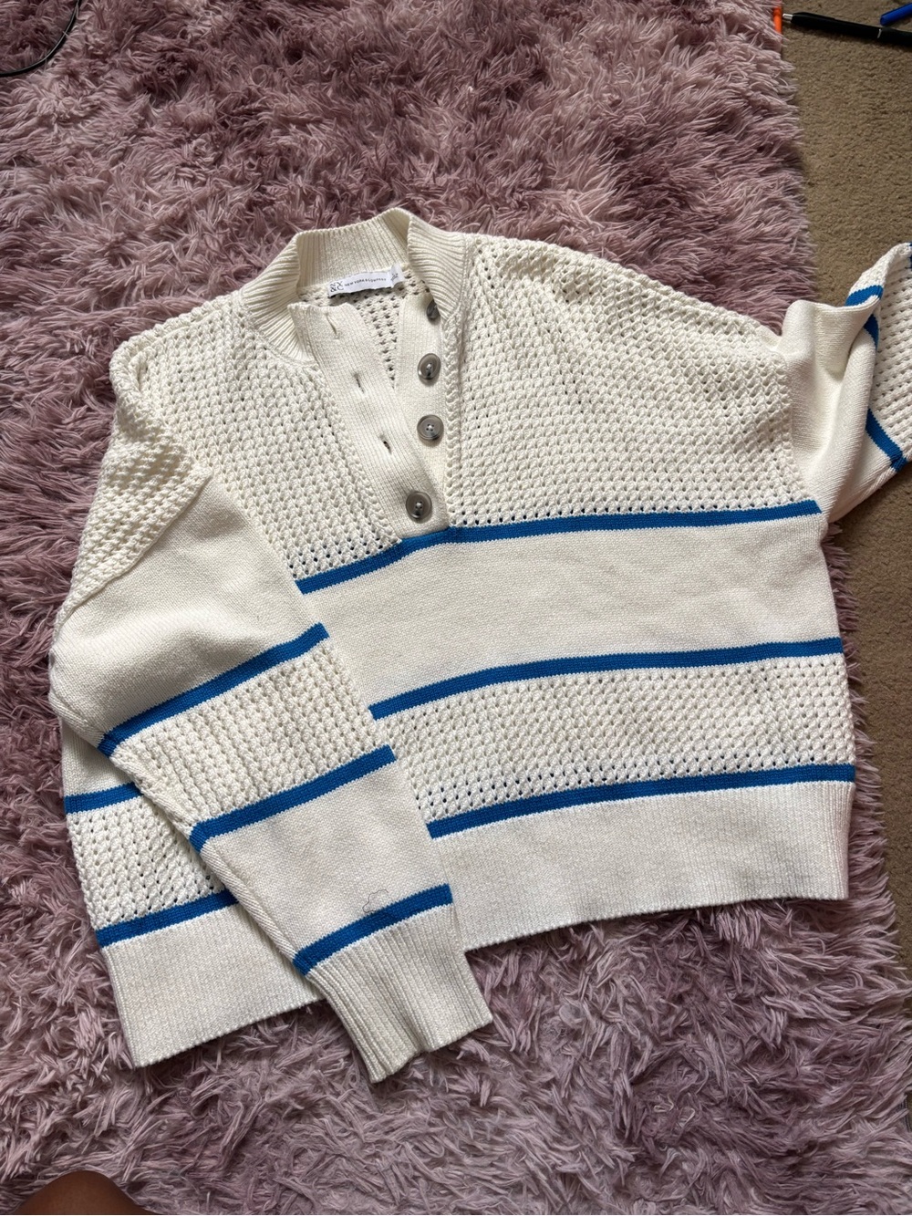 New York & Company Cream Sweater with Blue Stripes and Henley Buttons
